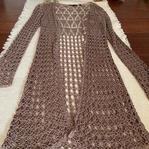 Gorgeous Taupe Crocheted Long Cardigan